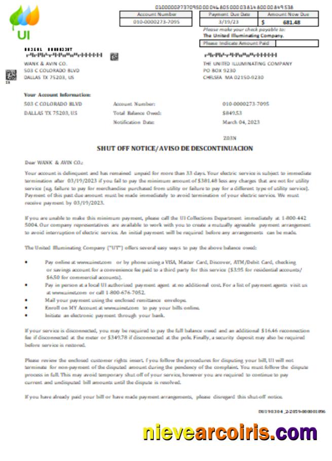 Massachusetts Chelsea SCG The United Illuminating Company shut off notice business bill